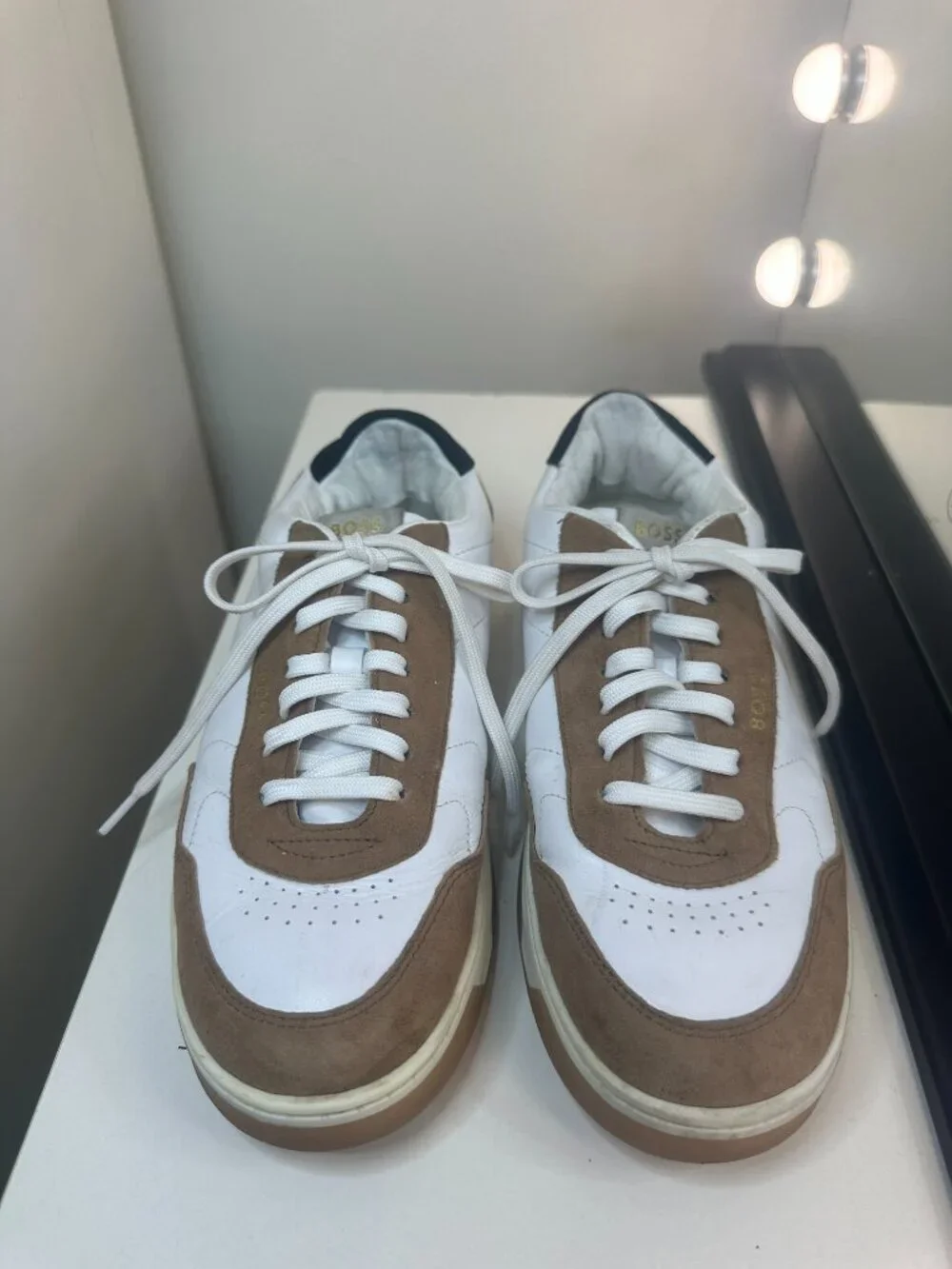 BOSS Hugo Boss White & Cognac Suede Panelled Low-Top Sneakers, EU 38 / US 7.5–8